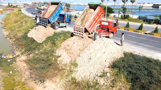 First Starting new Project Dump truck unloading soil filling up with Bulldozer pushing soil soil [upl. by Stefanac]