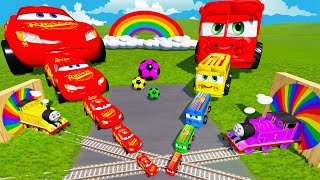 Big amp Small Long Bus Mcqueen  Slide Colors vs Trains vs Portal Trap  BeamNGDrive 1 [upl. by Arehc]