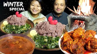 Outdoor Cooking amp Eating  Nepali Authentic Food Mukbang  Eating Dhido Gundruk amp Chicken Curry [upl. by Ahsik]