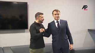 French President Macron greets Ukrainian President Zelenskyy on EPC Summit sidelines [upl. by Dorison476]