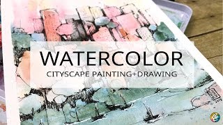 cityscape watercolor painting and drawing [upl. by Etteyafal]