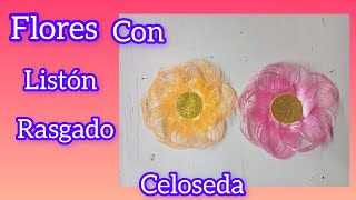 cómo hacer flores con listón celoseda rasgado fácil de hacer [upl. by Vrablik852]