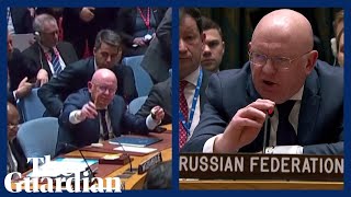 Russia interrupts minutes silence for victims of Ukraine war at UN security council meeting [upl. by Ahtennek559]