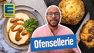 Ofensellerie Rezept mit veganer Soße  Sellerie im Backofen zubereiten [upl. by Aihsek]