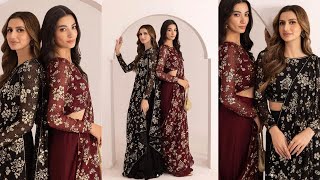 Jazmine Chiffon Embroidered Saree Unstitched UC3021 MAROON n Black [upl. by Bernstein]