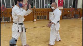 Akamine Sensei Demonstrating Deflection of Heavy Maegeri With Gedan Barai [upl. by Enerahs]