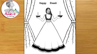 Beautiful Diwali Drawing EasyDiwali Festival Scenery Drawing For Beginners Diwali competition 2024 [upl. by Jepson999]