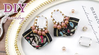 【ビーズ刺繍】リボンタッセル付きビーズ刺繍ピアス  ハンドメイドアクセサリーの作り方  ビジューピアス  フェルト DIY EARRING  Easy  Beaded embroidery [upl. by Adamec]