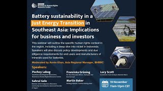 Webinar Battery sustainability in a just energy transition in Southeast Asia [upl. by Oigile488]