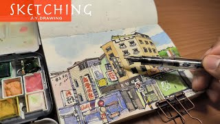 Old Buildings Sketch Drawing with Fountain Pen  Simple Watercolor Painting [upl. by Belvia]