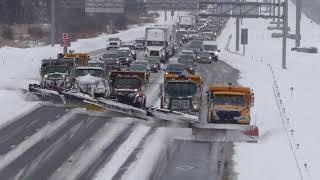 SNOW REMOVAL SIX SNOW PLOW CONVOY Bridge view [upl. by Holle]