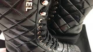 CHANEL Shiny Calfskin Quilted Chain Lace Up Combat Long Boots [upl. by Millford192]