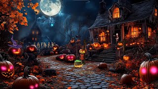 1 HOUR  Cozy Halloween Porch Ambience for Sleep 🎃 Relaxing Haunted Porch Crackling Fire Pumpkin [upl. by Munshi]