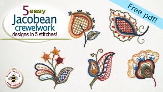 Beginners Jacobean crewelwork embroidery tutorial using just 5 embroidery stitches free design [upl. by Tnattirb]