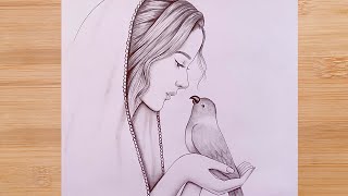 How to draw A girl with a parrot  step by step  Pencil Sketch for beginners [upl. by Slater]