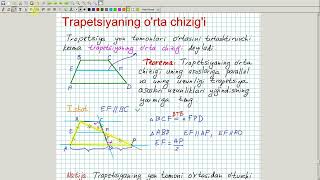 Trapetsiyaning orta chizigi Geometriya 8sinf 15dars [upl. by Anilemrac]