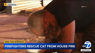 Owner overcome with emotion after cat rescued from Tarzana house fire [upl. by Hopkins]