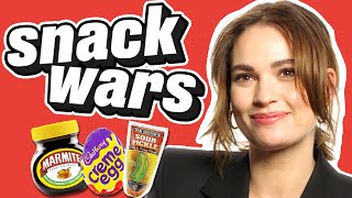 Lily James Has The Best Time Comparing American and British Snacks  Snack Wars  ladbiblestories [upl. by Eltotsira574]