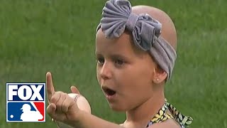 Mike Aviles daughter throws out first pitch while recovering from Leukemia [upl. by Oliy]