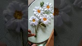 ribbon embroidery flowers tutorial menyulam batang dan daun design simple for beginners shorts [upl. by Euqinad]