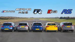 AMG A35 v BMW M140i v Golf R v Audi S3 v Focus RS  DRAG RACE ROLLING RACE amp BRAKE TEST [upl. by Avla]