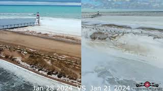 Michigan City Lighthouse 7 Day Difference with this warm up 4K drone footage [upl. by Nadda]