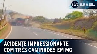 Imagens impressionantes mostram acidente envolvendo três caminhões em MG  SBT Brasil 120924 [upl. by Aivil]