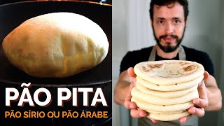 PÃO PITA Pão Sírio ou Árabe Receita fácil para assar no forno ou na frigideira [upl. by Melar542]