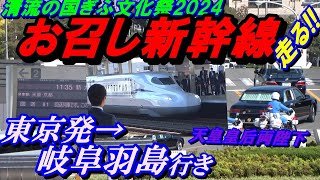 岐阜羽島駅構内！お召し新幹線、走る！！東京発→岐阜羽島行き！！清流の国ぎふ2024にご臨場のため、天皇皇后両陛下がご乗車！！清流の国ぎふ文化祭2024国民文化祭 岐阜お召し列車天皇皇后両陛下 [upl. by Ehrsam895]