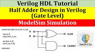 Half Adder Design using Gate Level Modeling in ModelSim  Verilog Tutorials [upl. by Garaway]