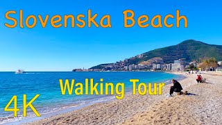 Slovenska Beach 🏖️ Budva Montenegro February 2024 Walking Tour with Captions [upl. by Ovatsug]