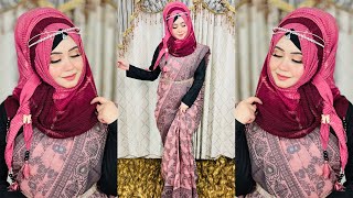 Hijab Style With Saree Step By Step SanjiDa 💙 [upl. by Suryc426]