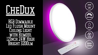 RGB Dimmable Led Flush Mount Ceiling Light with Remote 12Inch 24W High Bright 3200lm [upl. by Couq]