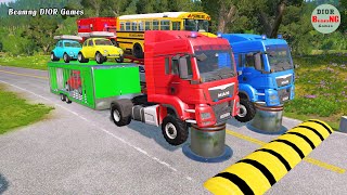 Double Flatbed Trailer Truck vs speed bumpsBusses vs speed bumpsBeamng Drive989 [upl. by Einavoj]