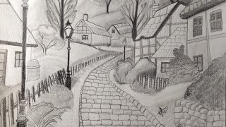 beautiful scene drawing of village pathway  scenery drawing with pencil  nature drawing [upl. by Ryder]