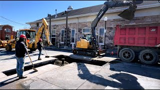 Water Line Replacement Crew Works Together  Excavator Deere 85G Backhoe Deere 710D Dump Truck [upl. by Aymik]