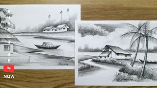 গ্রামের দৃশ্য সিনারি ড্রয়িং village scenery pencil drawing and shadingscenery drawing with pencil [upl. by Meerek]