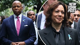 Mayor Adams grimaces standing next to smiling VP Harris at 911 memorial [upl. by Mendelson]