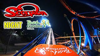 4K Scorpion  Roller Coaster  Nighttime  Front Row POV  Busch Gardens Tampa Bay [upl. by Arriat]