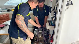 Engine replacement through the bathroom of a catamaran [upl. by Shana]