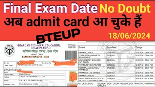 BTEUP Final Exam date 2024  D Pharma final exam date [upl. by Ehcar]