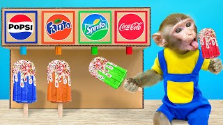 KiKi Monkey take Four Colors Soda Ice Cream Vending Machine and bath with Duckling KUDO ANIMAL KIKI [upl. by Nosittam239]