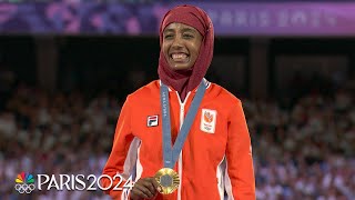 Sifan Hassan takes in medal ceremony after winning women’s marathon gold  Paris Olympics [upl. by Akirahs]