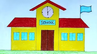 How to draw a school for beginners very easy  Easy school drawing with colour step by step [upl. by Kaela]