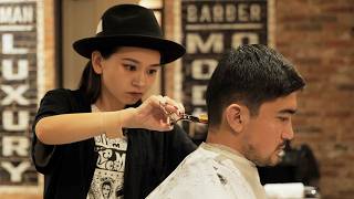 💈ASMR Stylish Japanese Lady Barber Rino  Haircut Shave Shampoo  WOLFMAN BARBER SHOP ROPPONGI [upl. by Clemen]