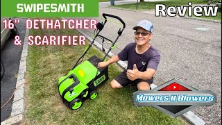 SWIPESMITH 16”15A Electric Dethatcher Scarifier w5Position Depth Adjustment 145 Gal Removable Bag [upl. by Alodee531]