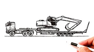 How to draw a Truck that carries an Excavator [upl. by Adnoek]