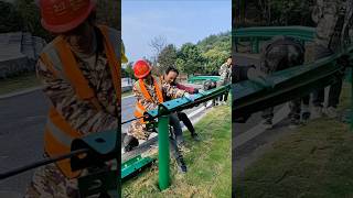 Manual installation process of bend guardrail on rural roads [upl. by Ramsey]