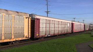 BNSF 7641 Leads A Vehicle Train  Old Town Tacoma WA w Canon HF11 [upl. by Anaeel305]