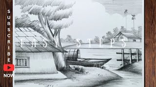 গ্রামের দৃশ্য সিনারি ড্রয়িং village scenery pencil drawing and shadingscenery drawing with pencil [upl. by Kcyred119]